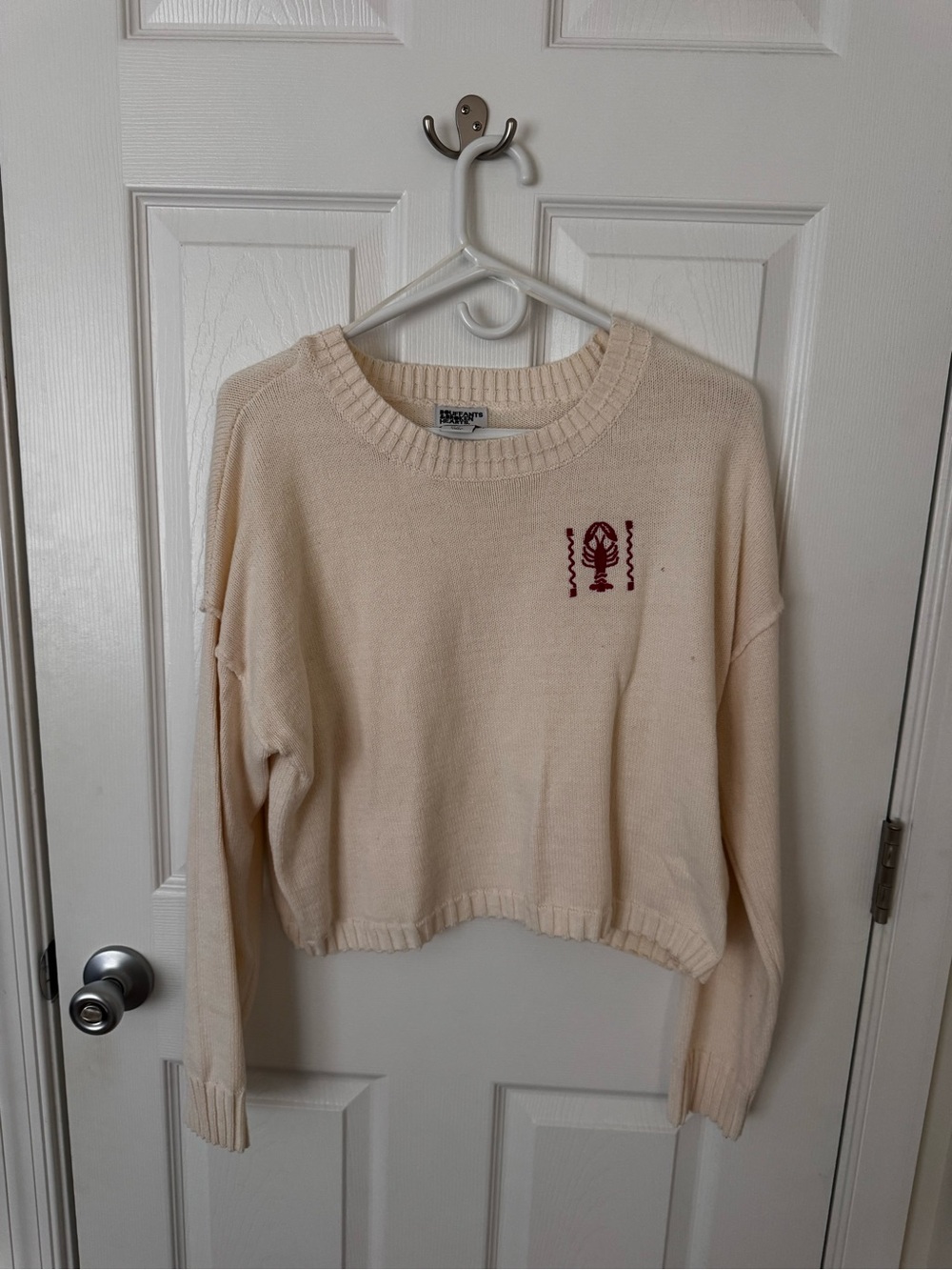 Bouffants & Broken Hearts - Cream Knit Sweater with Red Lobster Embroidery - M